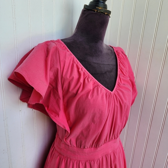 Ann Taylor Pink Poplin Flutter Sleeve V Neck Midi Dress Pockets Cotton Blend 4 - Picture 3 of 13